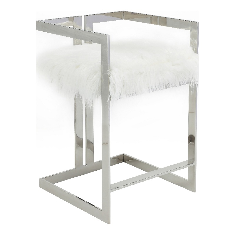 Pemberly Row 26 Inch Counter Stool Chair White Faux Fur Silver Stainless Steel