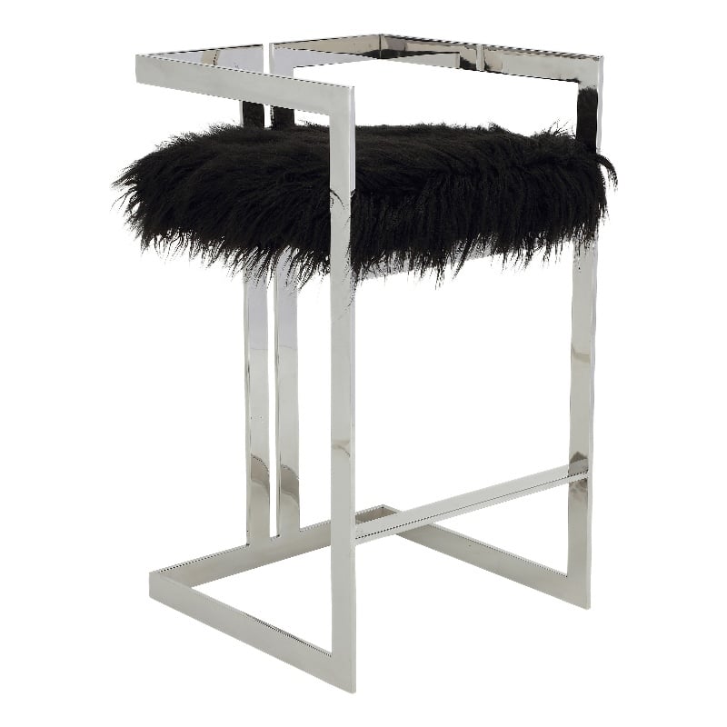 Pemberly Row 30 Inch Barstool Chair Cushioned Black Faux Fur Silver Cantilever