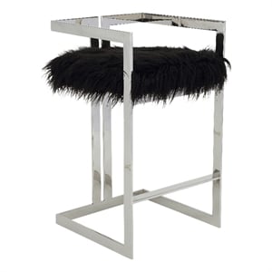 Pemberly Row 30 Inch Barstool Chair Cushioned Black Faux Fur Silver Cantilever