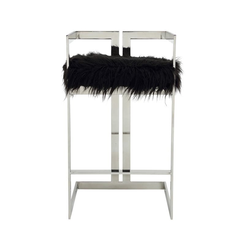 Pemberly Row 30 Inch Barstool Chair Cushioned Black Faux Fur Silver Cantilever