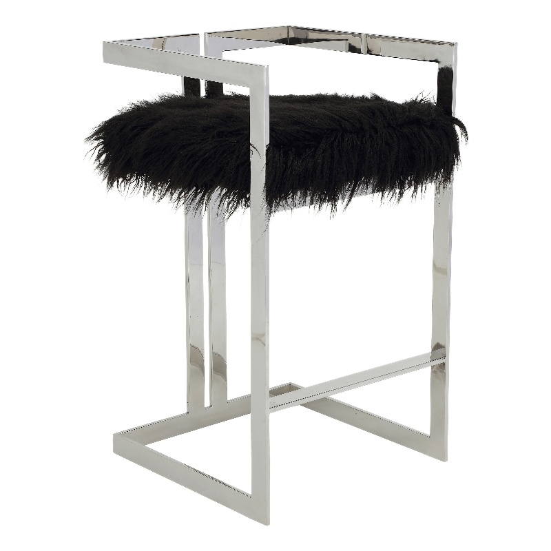 Pemberly Row 30 Inch Barstool Chair Cushioned Black Faux Fur Silver Cantilever