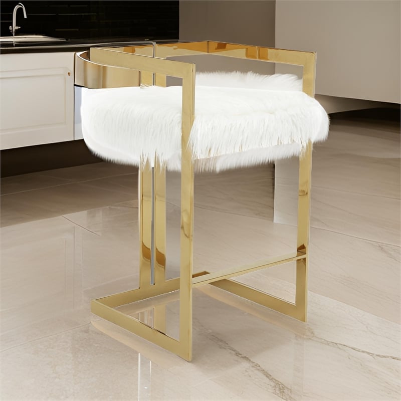 Pemberly Row 30 Inch Barstool Chair White Faux Fur Seat Stainless Steel Gold