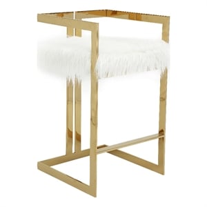 Pemberly Row 30 Inch Barstool Chair White Faux Fur Seat Stainless Steel Gold