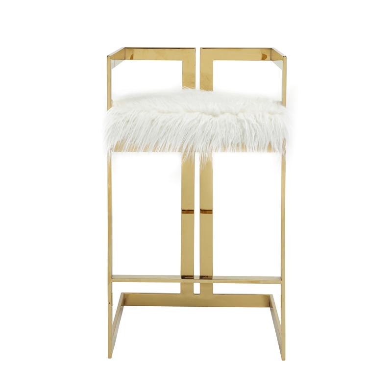 Pemberly Row 30 Inch Barstool Chair White Faux Fur Seat Stainless Steel Gold