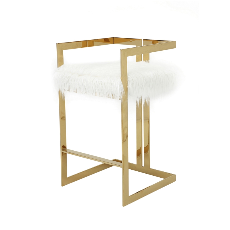 Pemberly Row 30 Inch Barstool Chair White Faux Fur Seat Stainless Steel Gold