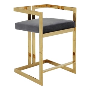 Pemberly Row 26 Inch Counter Stool Chair Gray Velvet Seat Stainless Steel Gold