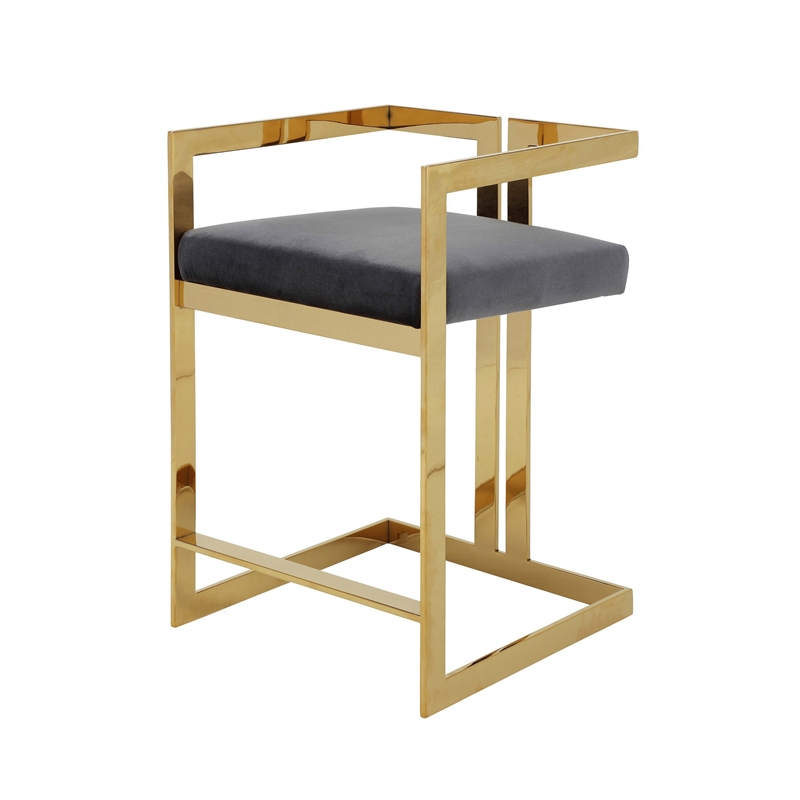 Pemberly Row 26 Inch Counter Stool Chair Gray Velvet Seat Stainless Steel Gold