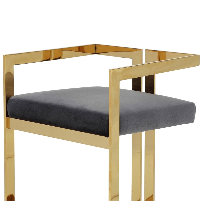 Pemberly Row 26 Inch Counter Stool Chair Gray Velvet Seat Stainless Steel Gold