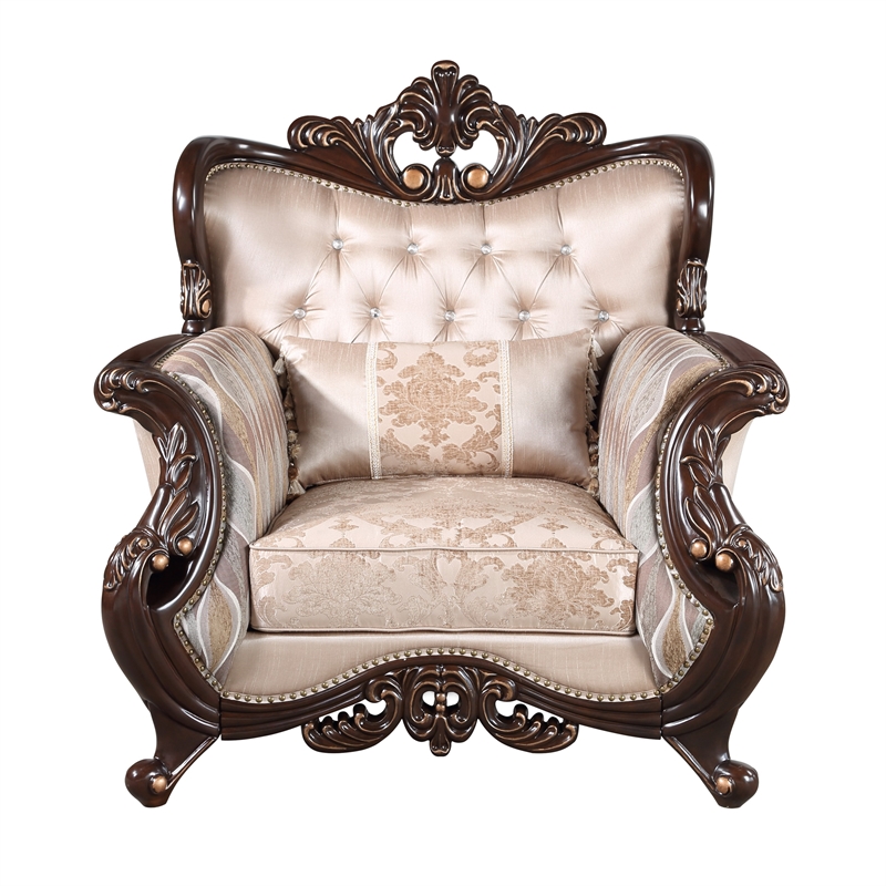 Pemberly Row 39 Inch Accent Chair Gold Carved Details Button Tufted in Beige