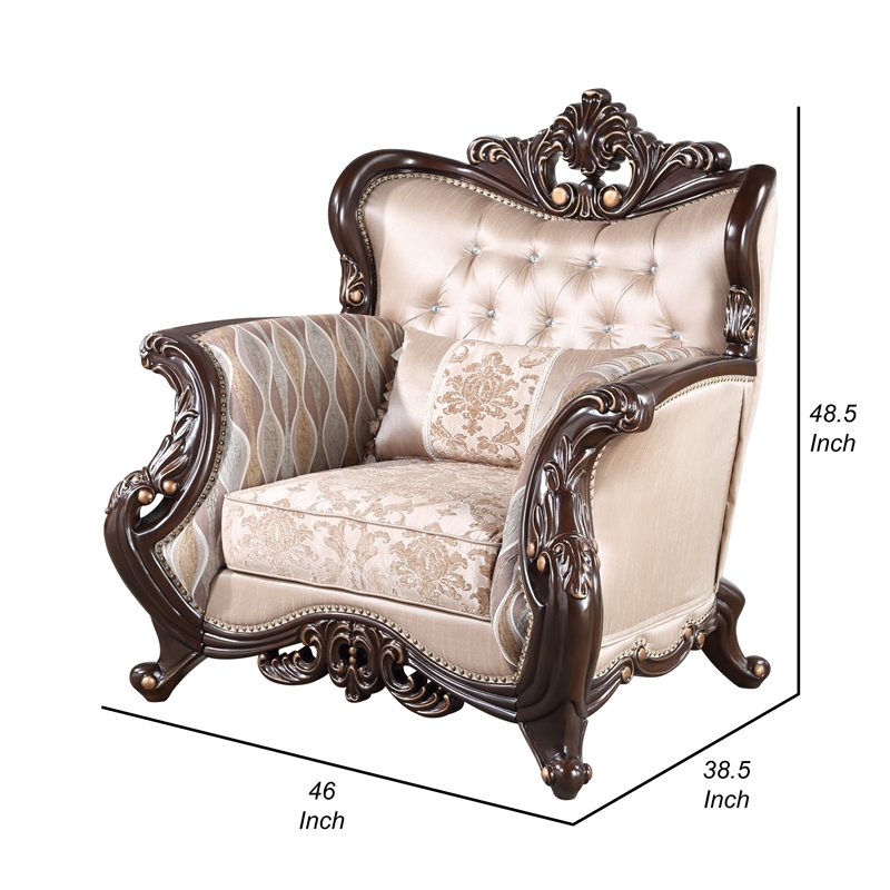 Pemberly Row 39 Inch Accent Chair Gold Carved Details Button Tufted in Beige
