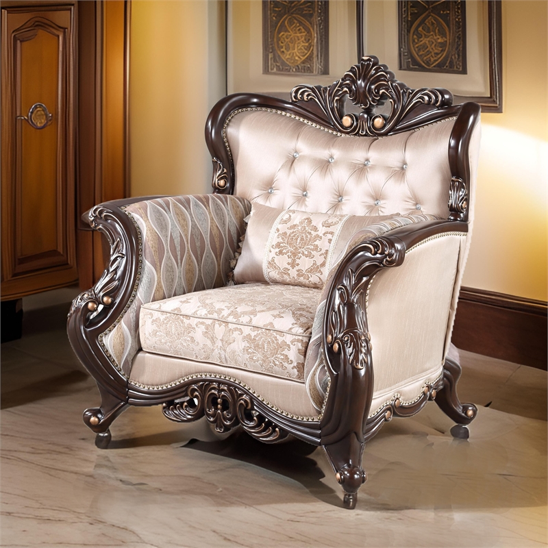 Pemberly Row 39 Inch Accent Chair Gold Carved Details Button Tufted in Beige