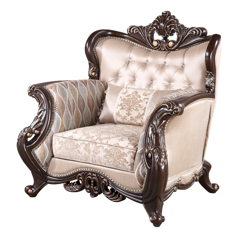 Pemberly Row 39 Inch Accent Chair Gold Carved Details Button Tufted in Beige