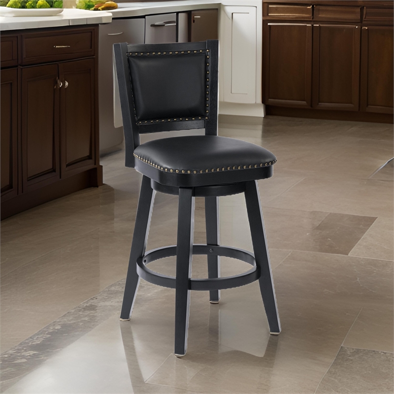 Pemberly Row Swivel Barstool Chair Black Wood Faux Leather Nailhead Trim