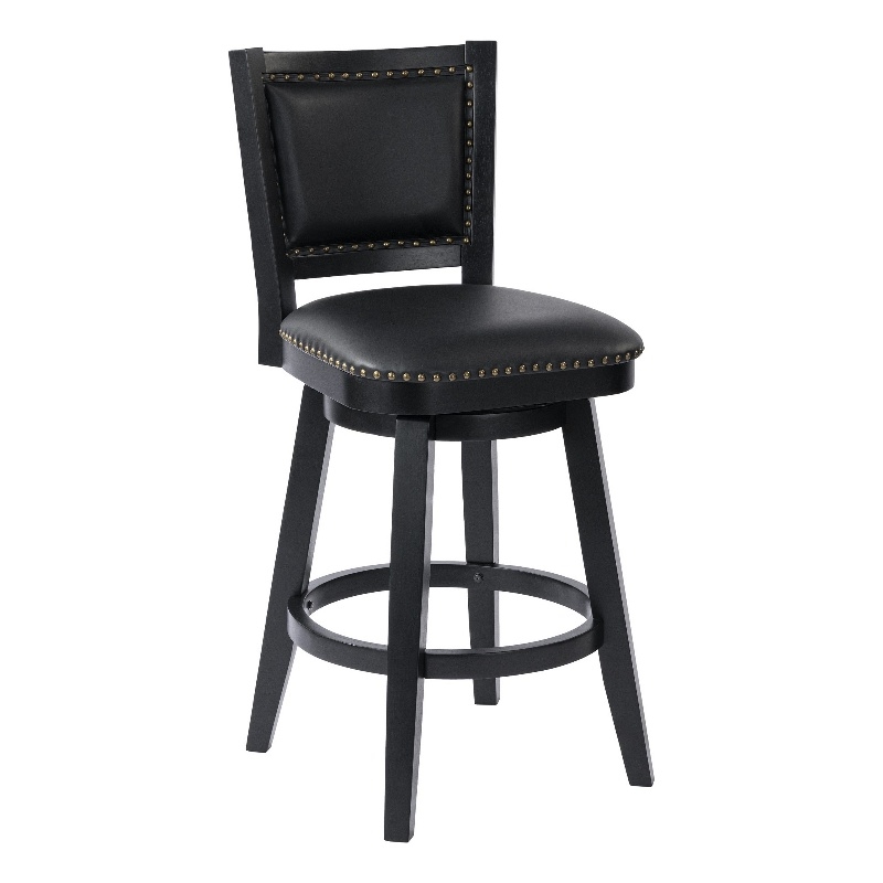 Pemberly Row Swivel Barstool Chair Black Wood Faux Leather Nailhead Trim