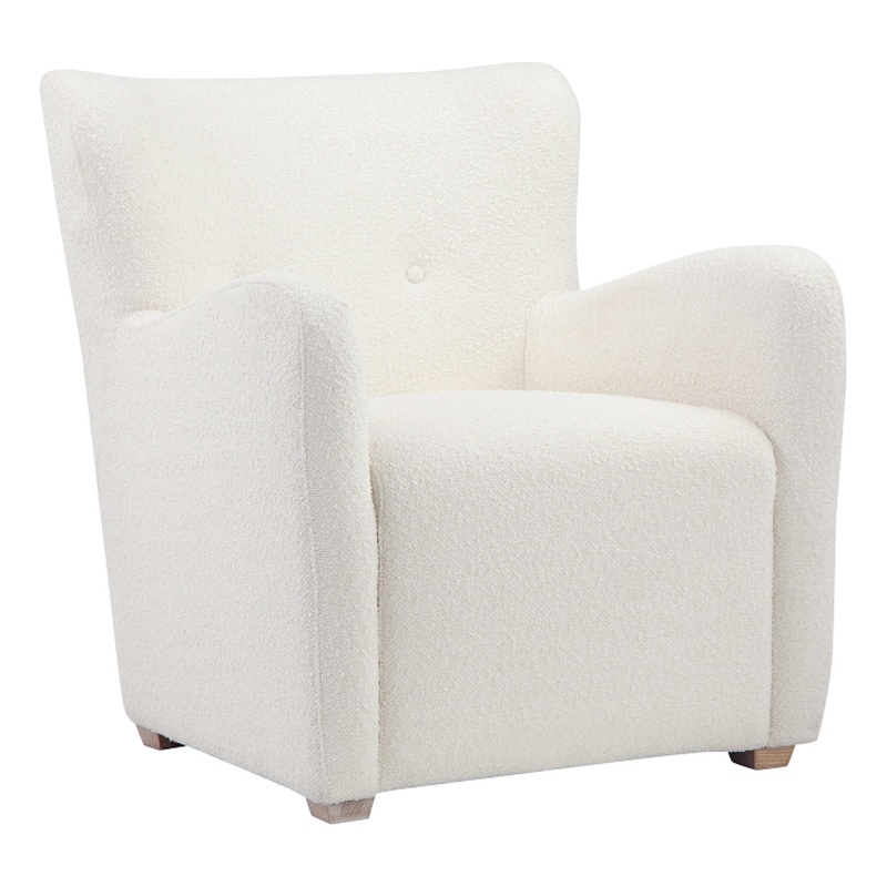 Pemberly Row 33 Inch Lounge Chair White Boucle Fabric Wing Back Design Wood