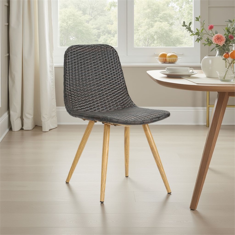 Pemberly Row Side Dining Chair Iron Legs in Dark Gray Wicker Rattan