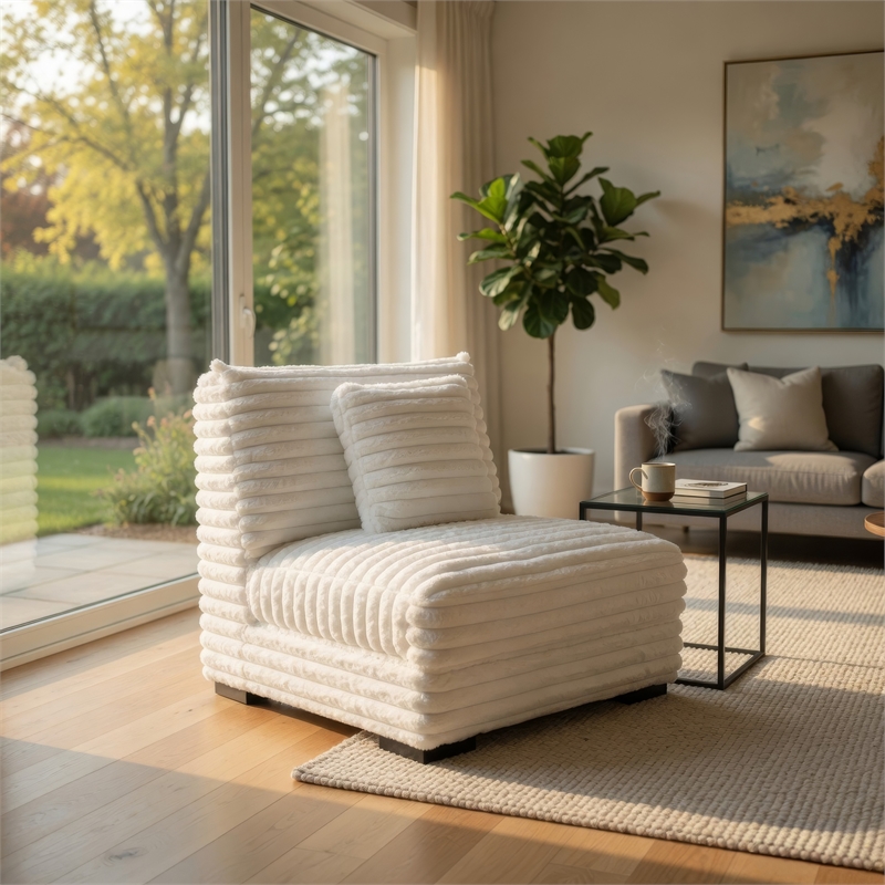 Pemberly Row Armless Accent Chair in White Polyester Corduroy Soft Cushioned