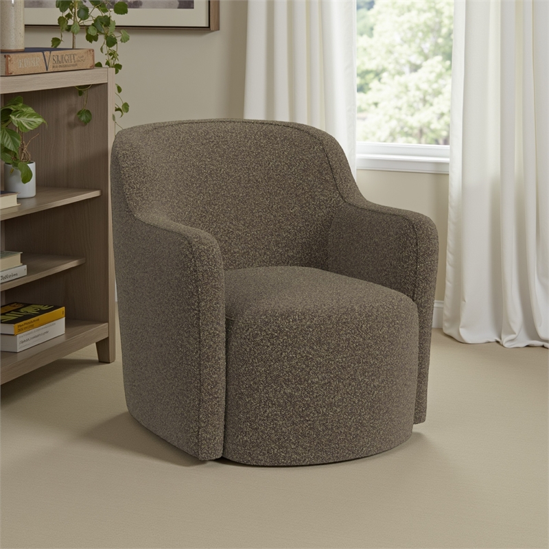 Pemberly Row Swivel Accent Club Chair in Dark Brown Boucle Curved Backrest