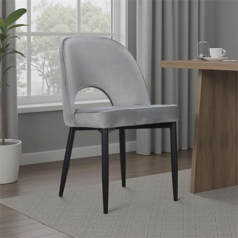 Pemberly Row Set of 2 Dining Chair Gray Fabric Cut Out Backrest Black Legs
