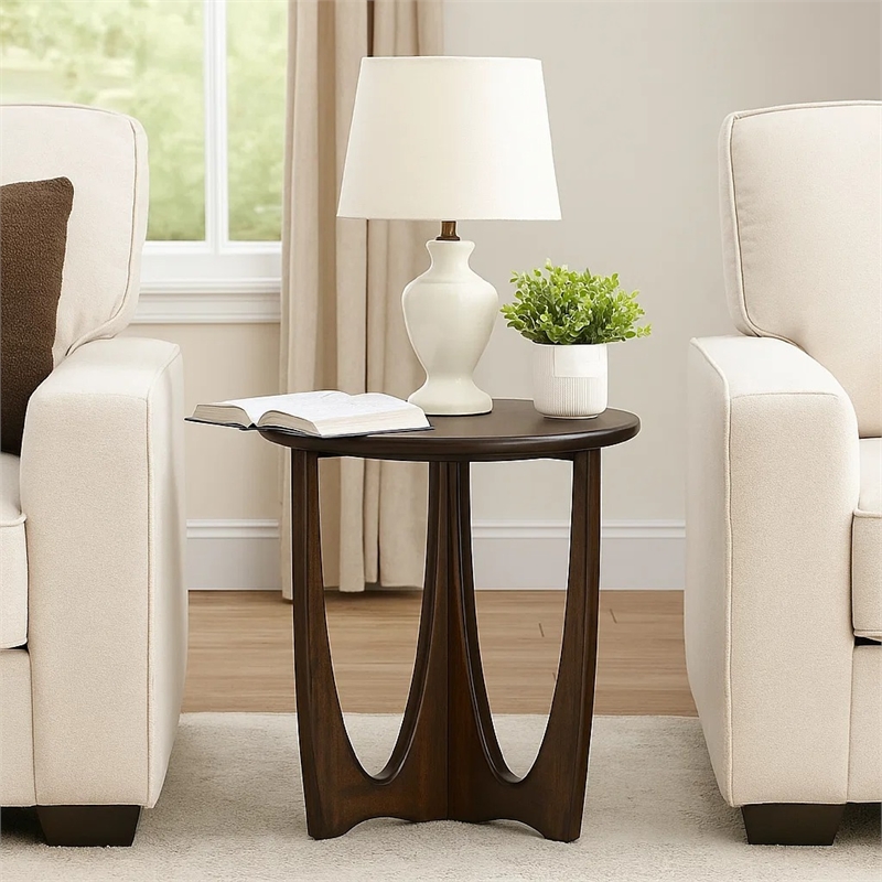 Pemberly Row 22 Inch Chairside Table Round Top Cutout Base in Dark Brown