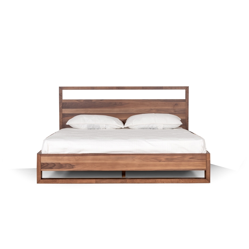 Pemberly Row Queen Size Bed Plank Style Tall Headboard in Walnut Brown