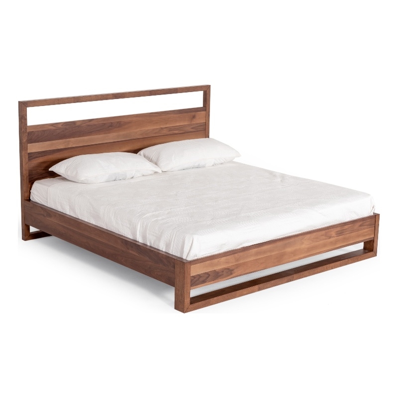 Pemberly Row Queen Size Bed Plank Style Tall Headboard in Walnut Brown