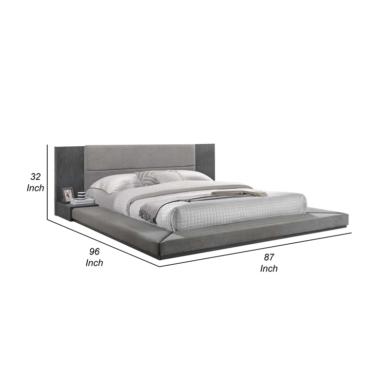 Pemberly Row Queen Bed with Built in Nightstands Low Height Gray Upholstery