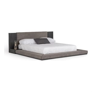 Pemberly Row Queen Bed with Built in Nightstands Low Height Gray Upholstery