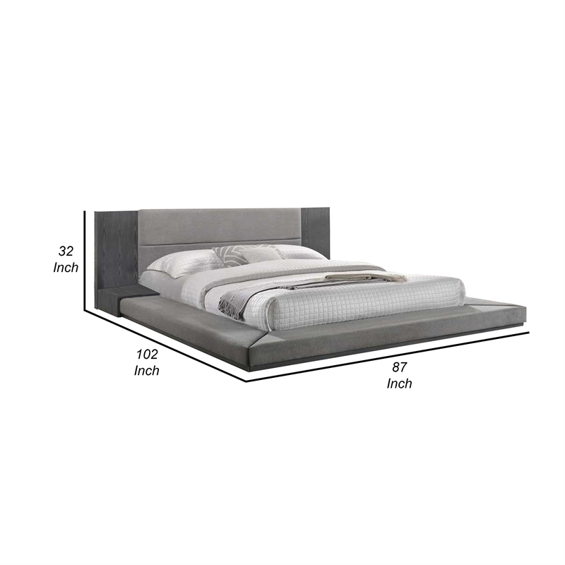 Pemberly Row King Bed Low Height with Built in Nightstands Gray Upholstery