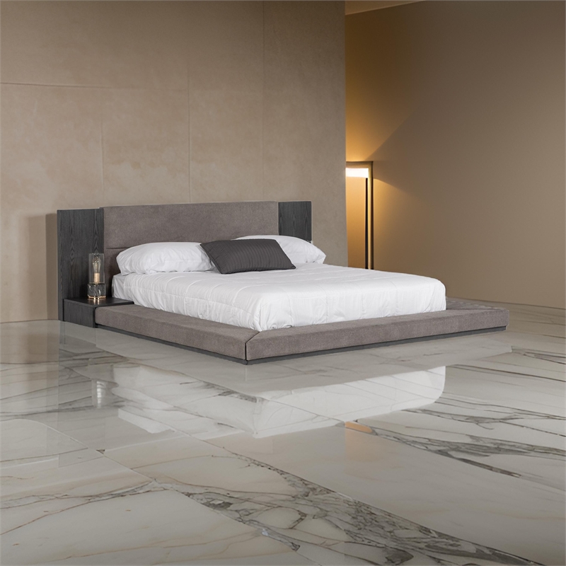 Pemberly Row King Bed Low Height with Built in Nightstands Gray Upholstery