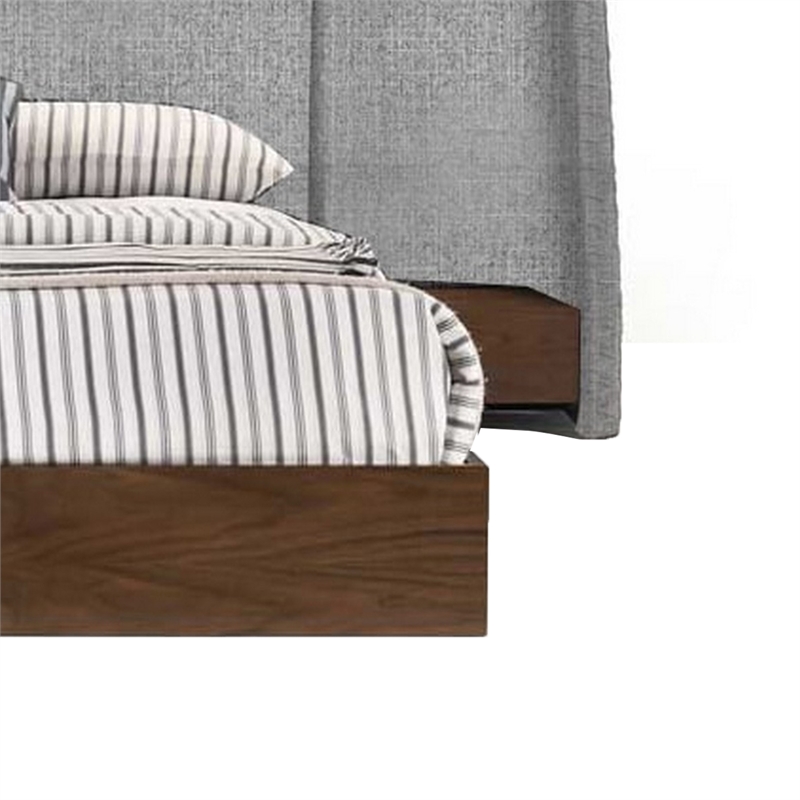 Pemberly Row King Size Bed Gray Upholstered Wide Wall Headboard Walnut Brown