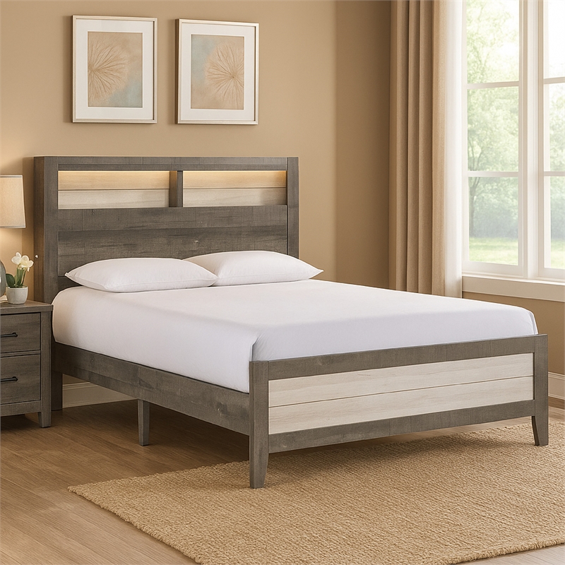 Pemberly Row Low Profile Queen Panel Bed with Built-In Lights Ash Gray Wood