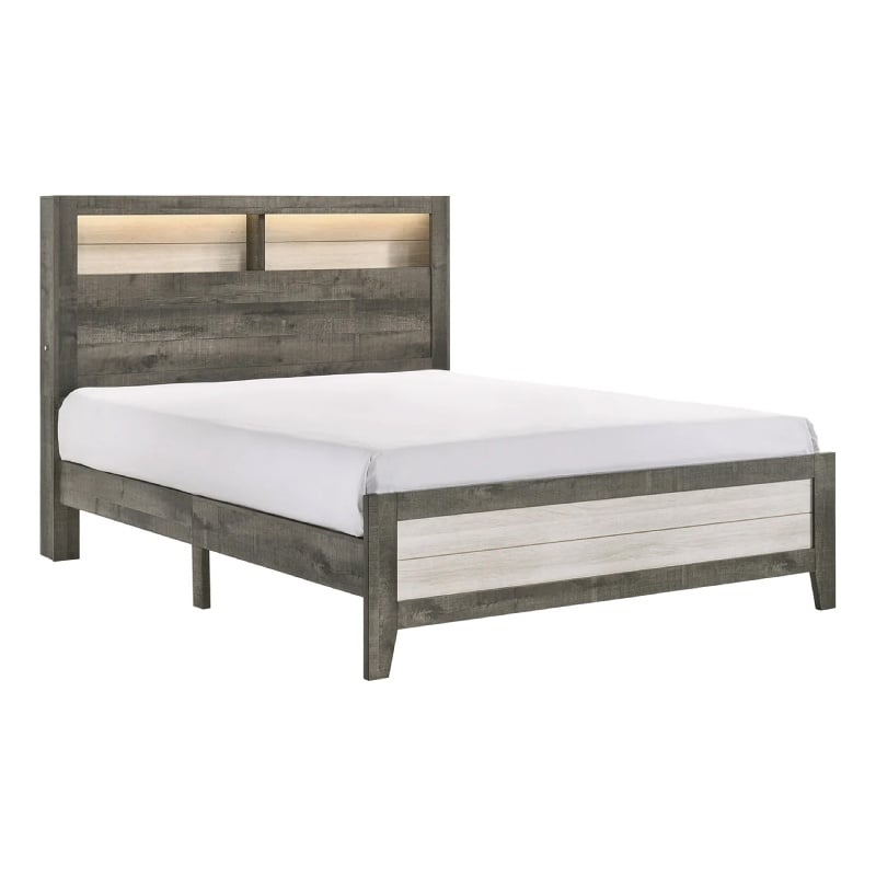 Pemberly Row Low Profile Queen Panel Bed with Built-In Lights Ash Gray Wood