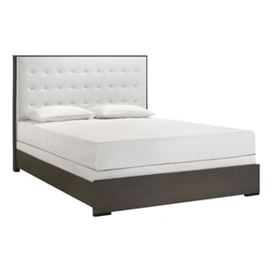 Pemberly Row Queen Size Bed Tufted Cream White Headboard in Dark Brown Wood
