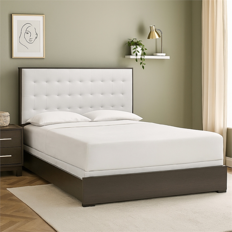 Pemberly Row Queen Size Bed Tufted Cream White Headboard in Dark Brown Wood