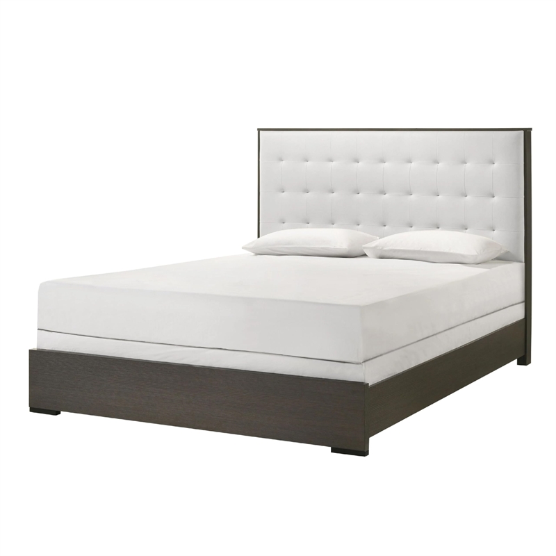 Pemberly Row Queen Size Bed Tufted Cream White Headboard in Dark Brown Wood