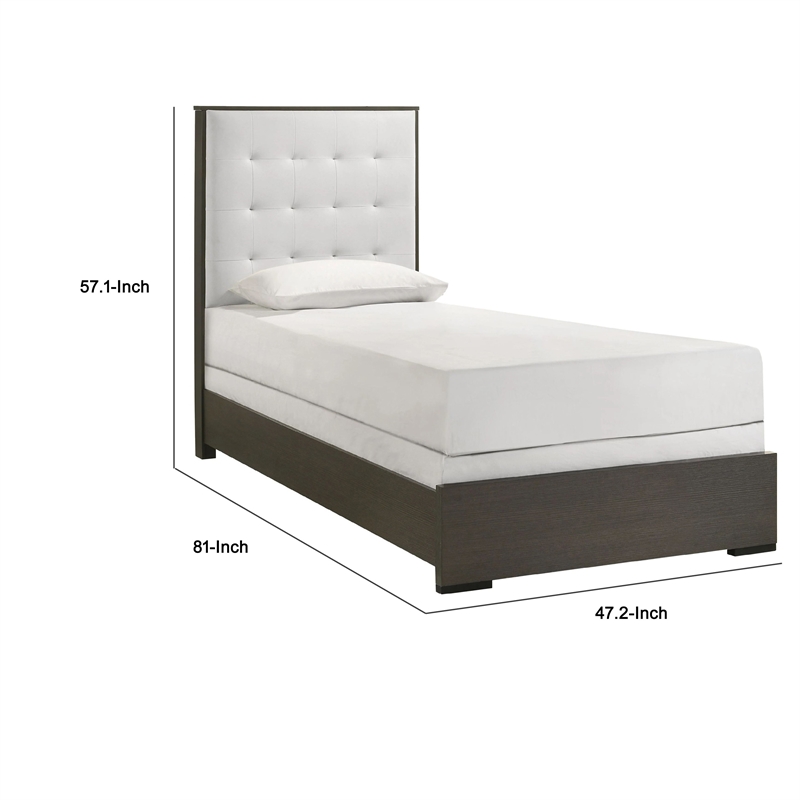 Pemberly Row Twin Size Bed Tufted Cream White Headboard in Dark Brown Wood