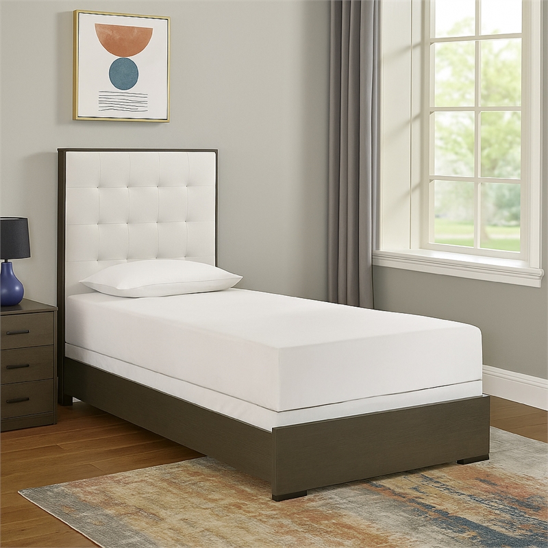 Pemberly Row Twin Size Bed Tufted Cream White Headboard in Dark Brown Wood