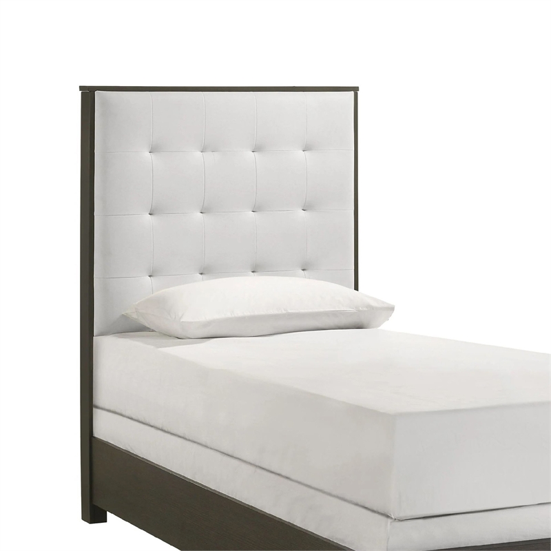 Pemberly Row Twin Size Bed Tufted Cream White Headboard in Dark Brown Wood