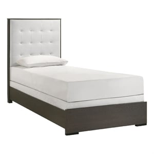 Pemberly Row Twin Size Bed Tufted Cream White Headboard in Dark Brown Wood