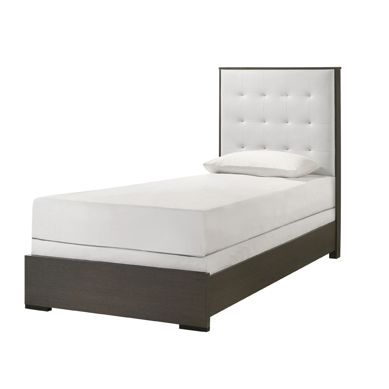 Pemberly Row Twin Size Bed Tufted Cream White Headboard in Dark Brown Wood