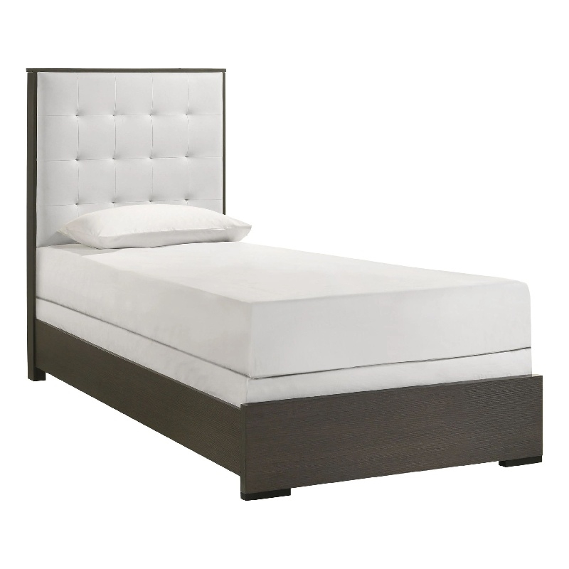 Pemberly Row Twin Size Bed Tufted Cream White Headboard in Dark Brown Wood