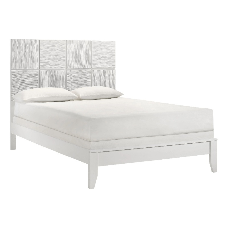 Pemberly Row Queen Size Bed Grid Pattern Headboard Tapered Legs in White