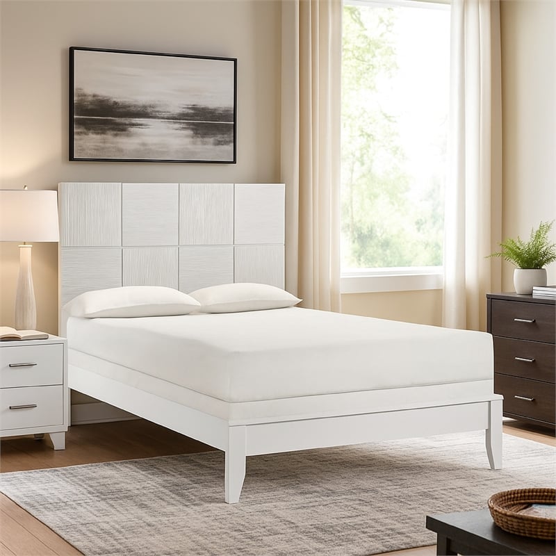 Pemberly Row Twin Size Bed Grid Pattern Headboard Tapered Legs in White