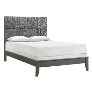 Pemberly Row Full Size Bed Patterned Headboard Tapered Legs in Metallic Gray