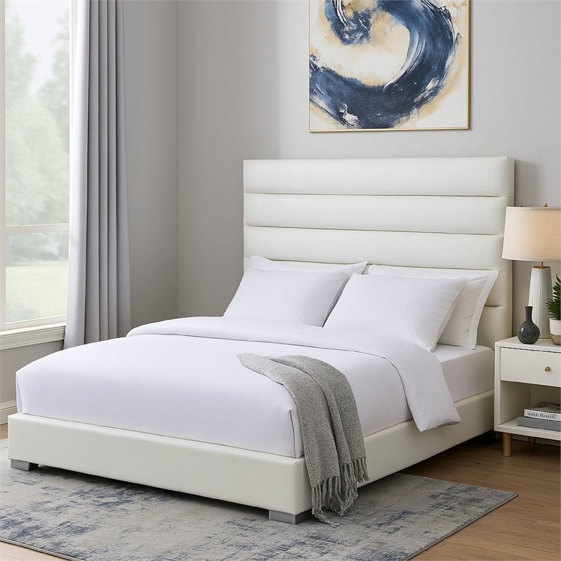 Pemberly Row Queen Size Bed Channel Tufted White Faux Leather Upholstery