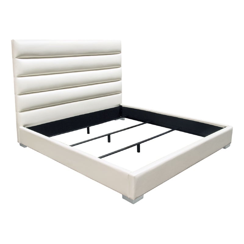Pemberly Row Queen Size Bed Channel Tufted White Faux Leather Upholstery