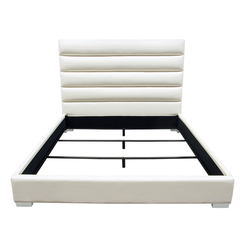 Pemberly Row Queen Size Bed Channel Tufted White Faux Leather Upholstery