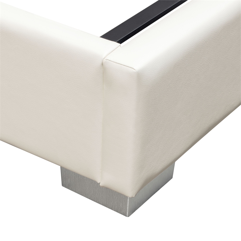 Pemberly Row Queen Size Bed Channel Tufted White Faux Leather Upholstery
