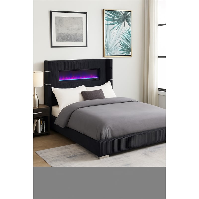 Pemberly Row California King Bed Wingback Panel LED Flame Black Upholstery